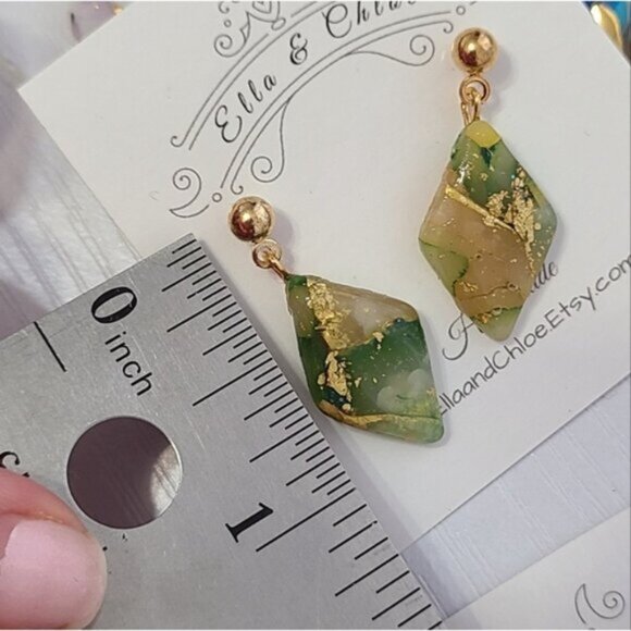 Handcrafted Boho Green Gold Ball Gemstone Agate Diamond Drop Dangle Earrings - Picture 6 of 7
